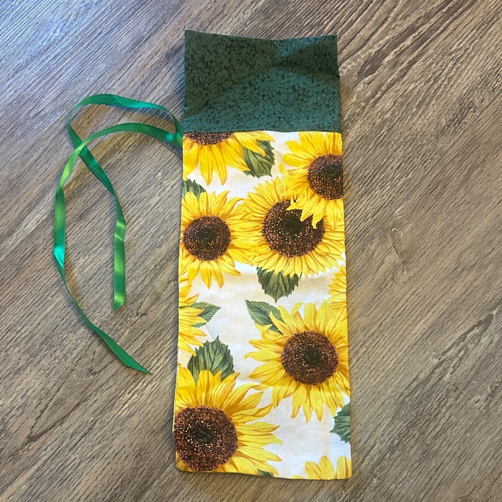Homemade Sunflower Wine Bag with Green Ribbon